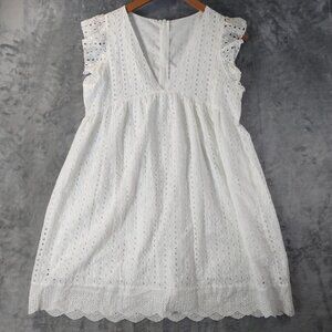 Unbranded Women's XS White Summer Romper Eyelet Lace Scallop Hem Ruffle Sleeves